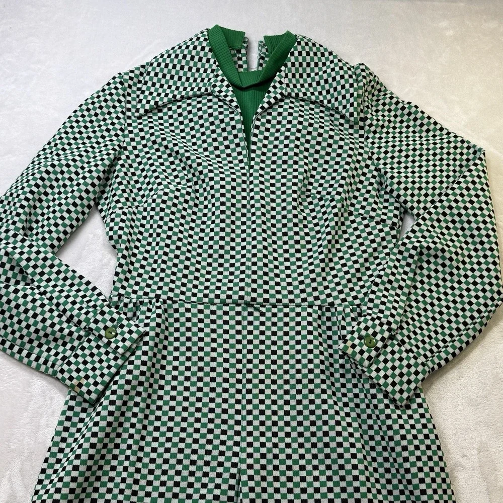 Vintage 70s Checkerboard Midi Dress Green Black Mod Disco Retro Boho - Picture 2 of 16